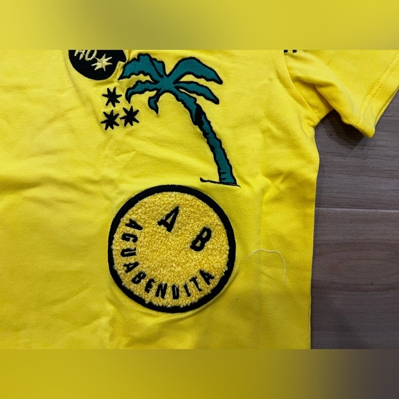 Agua Bendita Kids Dave Joo Patchwork Streetwear T Shirt Yellow Smiley Face NWT - Picture 2 of 3